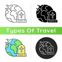 gravsten turism ikon. kyrkogård utforskning entusiast resenär. flyga utomlands för begravning. kategori resebranschen. linjära svart och rgb färgstilar. isolerade vektorillustrationer vektor