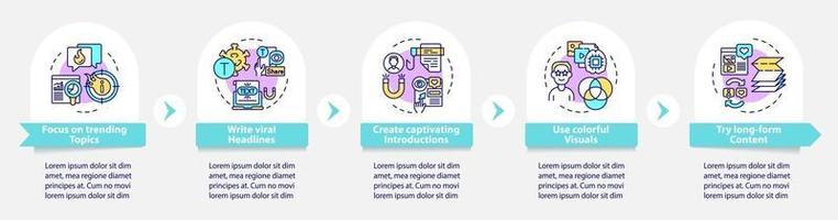 Vektor-Infografik-Vorlage zur Erstellung von gemeinsam nutzbaren Inhalten. Gestaltungselemente der Fesselpräsentation umrissen. Datenvisualisierung mit 5 Schritten. Info-Diagramm zur Prozesszeitleiste. Workflow-Layout mit Liniensymbolen vektor