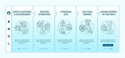 Onboarding-Vektorvorlage zur Verhinderung von Hitzeerschöpfung. Responsive mobile Website mit Symbolen. Webseiten-Walkthrough 5-Schritte-Bildschirme. Sport treiben im Wärmefarbkonzept mit linearen Illustrationen vektor