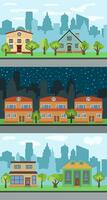 uppsättning av tre vektor illustrationer av stad gata med tecknad serie hus och träd. sommar urban landskap. gata se med stadsbild på en bakgrund