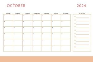 Oktober 2024 Kalender. monatlich Planer Vorlage. Sonntag Start. Vektor Design