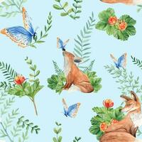 sömlös vattenfärg mönster med mor och bebis räv, hjortron löv och bär, ormbunke, grön grenar, blå fjäril på blå bakgrund. botanisk sommar hand dragen illustration. vektor
