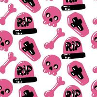sömlös mönster av skalle, Kista, ben, gravsten i rosa färger på en vit bakgrund. vektor festlig illustration i tecknad serie stil för barn på halloween. textur för fester, paket