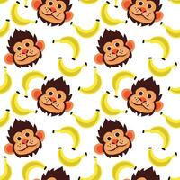 nahtlos Muster mit komisch Affe Gesicht und Bananen. Vektor Illustration von ein tropisch Tier mit Essen auf ein Weiß Hintergrund. Kinder- Karikatur Illustration zum Drucken auf Textilien und Papier