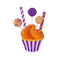 ein Cupcake mit Süßigkeiten und Lutscher. dekoriert Halloween Nachtisch. Karikatur Süßigkeiten Clip Art zum Speisekarte, Gruß Karte, Party Einladung. Vektor Illustration.