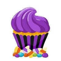 en lila muffin med godis och godis majs. dekorerad halloween efterrätt. tecknad serie sötsaker ClipArt för meny, hälsning kort, fest inbjudan. vektor illustration.