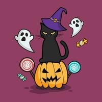 schwarz Katze im ein Hexe Hut Sitzung auf ein Halloween Kürbis Gekritzel Stil vektor