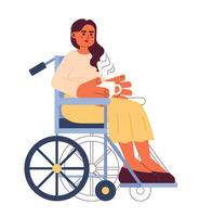 Rollstuhl jung Erwachsene Frau halten Kaffee Tasse 2d Karikatur Charakter. deaktiviert indisch weiblich Sitzung im Stuhl isoliert Vektor Person Weiß Hintergrund. Latté Pause Farbe eben Stelle Illustration