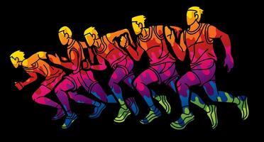 grupp av löpare verkan Start löpning män springa tillsammans graffiti vektor