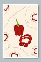 paprika och paprika skivade ringar affisch. minimalistiska grönsaker med bitar, dekorlinjer och bakgrundsstruktur. vektor