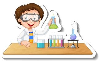 Aufklebervorlage mit Zeichentrickfigur eines Studenten, der chemische Experimente durchführt vektor