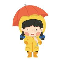 unge flicka i en gul regnkappa under paraply vektor