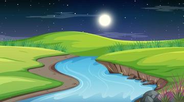 Naturwaldlandschaft in der Nachtszene mit dem langen Fluss, der durch die Wiese fließt vektor