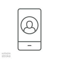 Handy, Mobiltelefon Konto Linie Symbol, erstellen Neu meine Profil zum Profil Netzwerk. Benutzer Seite im Sozial Netzwerk Vorlage. Benutzerbild persönlich Kontakt editierbar Schlaganfall Vektor Illustration Design auf Weiß Hintergrund eps 10