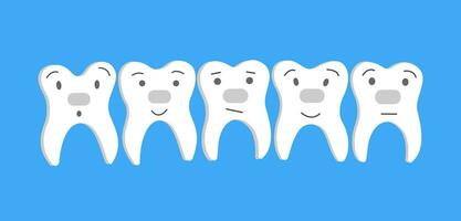 platt söt tänder efter tandställning behandling. dental ortodontisk vård. oral hygien begrepp för barn för pediatrisk tandvård. tänder rengöring och förebyggande. vektor hand dra illustration