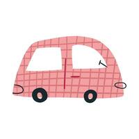 söt barnslig bil körning, tecknad serie platt vektor illustration isolerat på vit bakgrund. rolig hand dragen rosa skåpbil. barnkammare design element. bil i scandinavian stil.