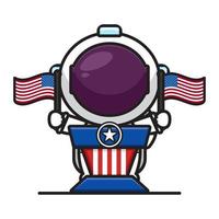 söt astronaut på predikstolen håller flaggor fira Amerika självständighetsdagen tecknad ikon vektorillustration vektor