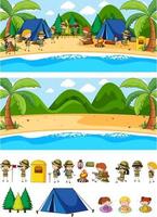 uppsättning olika horisontella strandscener med doodle kids seriefigur vektor