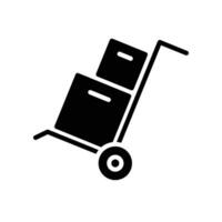 låda vagn glyf ikon, flytta lastbil frakt bärare, väska vagn leverans, platt bagage resväska. förpackning symbol. rör på sig hand lastbil med låda paket vektor illustration design på vit bakgrund. eps 10