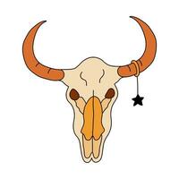 einfach bunt Gekritzel von Stier Schädel mit Star Ohrring auf das Horn mit Hand gezeichnet Umriss. Porträt von Kuh Schädel Kopf Skelett im Vorderseite Sicht. Zeichen von Cowboy, Western Kultur, Cowgirl, Texas vektor