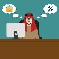 muslim affärsman Sammanträde på kontor skrivbord, arbetssätt. platt vektor illustration