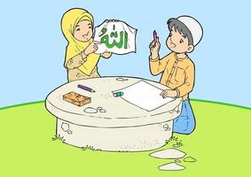 två unga muslimer skriver kalligrafi vektor