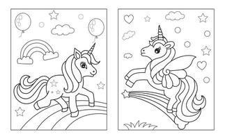 färg sida med söt enhörning. vektor svart och vit bild för barn. Häftigt unicorns med regnbåge, blommor, sötsaker.