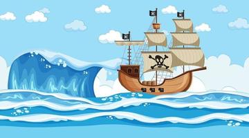 Ozeanszene zur Tageszeit mit Piratenschiff im Karikaturstil vektor