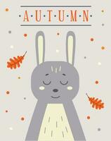 söt enkel höst vykort design med tecknad serie kanin och faller löv vektor