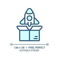 Pixel perfekt editierbar Blau Produkt starten Symbol, isoliert Vektor, Produkt Verwaltung dünn Linie Illustration. vektor