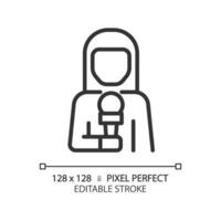 2d Pixel perfekt editierbar schwarz weiblich Nachrichten Reporter Symbol, isoliert Vektor, dünn Linie Illustration Darstellen Journalismus. vektor