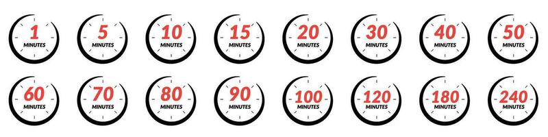 Uhr Symbol mit 5, 15, und 30 Minuten Timer Zeichen, Stoppuhr und Chrono Funktionalitäten. zum Countdowns und Zeit Management. eben Vektor Abbildungen isoliert im Hintergrund.