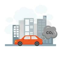 Auto Luft Verschmutzung. Rauch von Auto Startseite das Stadt und das Himmel. Fahrzeug giftig Verschmutzung Vektor Illustration
