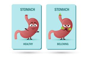 tecknad serie mage karaktär. begrepp av friska och sjuklig inre organ, halsbränna och rapningar. vektor illustration