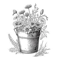 wild Blumen im ein Eimer Hand gezeichnet skizzieren Vektor Illustration rustikal Stil