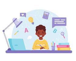 Afroamerikanerjunge, der mit Computer studiert. Online-Lernen, zurück zum Schulkonzept. vektor