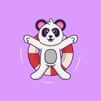 Der süße Panda schwimmt mit einer Boje. Tierkarikaturkonzept isoliert. kann für T-Shirt, Grußkarte, Einladungskarte oder Maskottchen verwendet werden. flacher Cartoon-Stil vektor