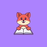 söt räv som läser en bok. djur tecknad koncept isolerad. kan användas för t-shirt, gratulationskort, inbjudningskort eller maskot. platt tecknad stil vektor