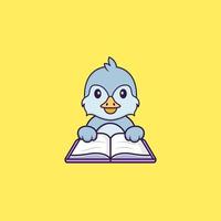 süßer Vogel, der ein Buch liest. Tierkarikaturkonzept isoliert. kann für T-Shirt, Grußkarte, Einladungskarte oder Maskottchen verwendet werden. flacher Cartoon-Stil vektor