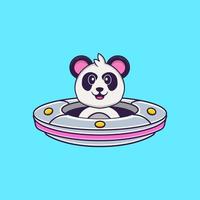 Süßer Panda, der das Raumschiff UFO fährt. Tierkarikaturkonzept isoliert. kann für T-Shirt, Grußkarte, Einladungskarte oder Maskottchen verwendet werden. flacher Cartoon-Stil vektor