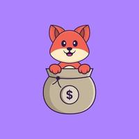 söt räv som leker i pengar väska. djur tecknad koncept isolerad. kan användas för t-shirt, gratulationskort, inbjudningskort eller maskot. platt tecknad stil vektor