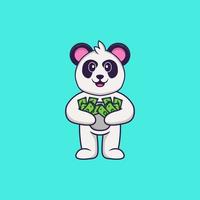 süßer Panda, der Geld hält. Tierkarikaturkonzept isoliert. kann für T-Shirt, Grußkarte, Einladungskarte oder Maskottchen verwendet werden. flacher Cartoon-Stil vektor