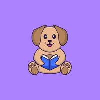 söt hund som läser en bok. djur tecknad koncept isolerad. kan användas för t-shirt, gratulationskort, inbjudningskort eller maskot. platt tecknad stil vektor