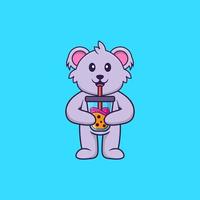Süßer Koala, der Boba-Milchtee trinkt. Tierkarikaturkonzept isoliert. kann für T-Shirt, Grußkarte, Einladungskarte oder Maskottchen verwendet werden. flacher Cartoon-Stil vektor