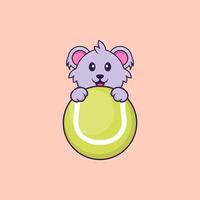 söt koala som spelar tennis. djur tecknad koncept isolerad. kan användas för t-shirt, gratulationskort, inbjudningskort eller maskot. platt tecknad stil vektor