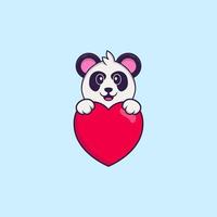 süßer Panda, der ein großes rotes Herz hält. Tierkarikaturkonzept isoliert. kann für T-Shirt, Grußkarte, Einladungskarte oder Maskottchen verwendet werden. flacher Cartoon-Stil vektor