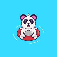 Der süße Panda schwimmt mit einer Boje. Tierkarikaturkonzept isoliert. kann für T-Shirt, Grußkarte, Einladungskarte oder Maskottchen verwendet werden. flacher Cartoon-Stil vektor
