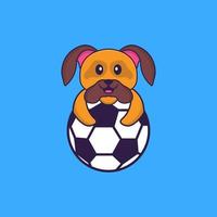 söt hund som spelar fotboll. djur tecknad koncept isolerad. kan användas för t-shirt, gratulationskort, inbjudningskort eller maskot. platt tecknad stil vektor