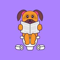 söt hund som poppar på toaletten och läser tidningen. djur tecknad koncept isolerad. kan användas för t-shirt, gratulationskort, inbjudningskort eller maskot. platt tecknad stil vektor