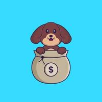 söt hund som leker i pengar väska. djur tecknad koncept isolerad. kan användas för t-shirt, gratulationskort, inbjudningskort eller maskot. platt tecknad stil vektor